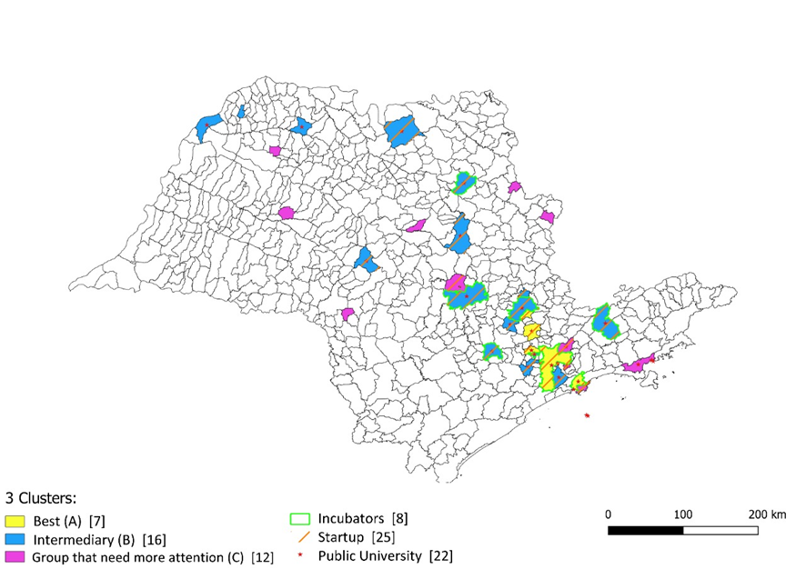 The 35 selected municipalities grouped in three clusters (map of the Sao Paulo state)