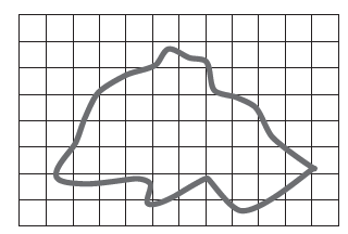 Superposición
de rejilla sobre un objeto irregular pa­ra el respectivo conteo de cuadros o
“cajas” necesario para el cálculo de la dimensión fractal de Box-counting