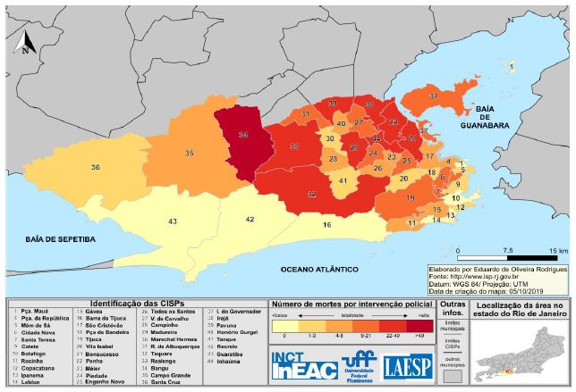 Mortes por intervenção policial por Cisp na cidade do Rio de Janeiro (janeiro-agosto 2019)