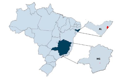 Mapa do Brasil e dos estados de Alagoas e Minas Gerais, com destaque para as capitais Maceió e Belo Horizonte