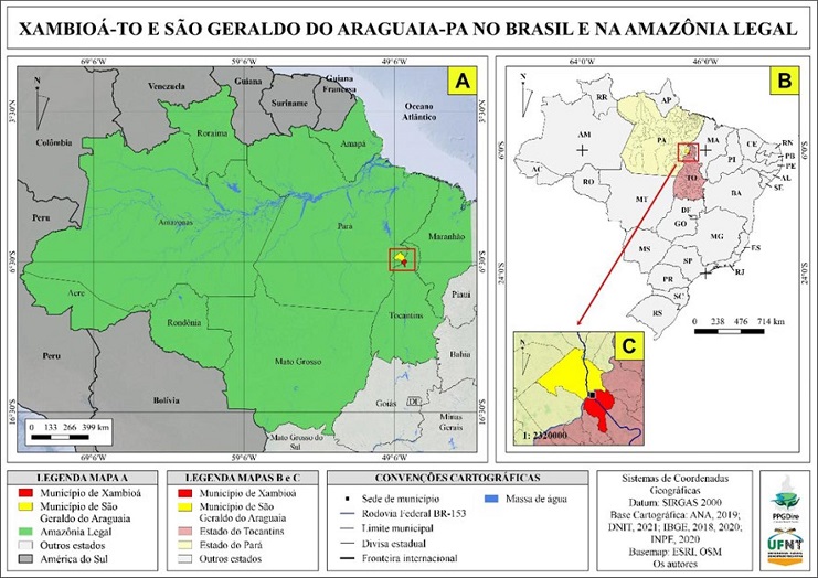 localiza&ccedil;&atilde;o de Xambio&aacute; no estado do Tocantins (TO) e S&atilde;o Geraldo do Araguaia no estado do Par&aacute; (PA)
