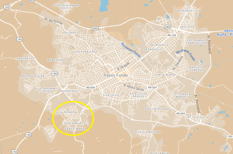Mapa da sede de Passo Fundo/RS, destacando em amarelo a localiza��o dos bairros Santa Marta e Don�ria