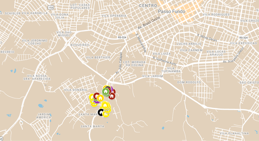Mapa din�mico dos bairros Santa Marta e Don�ria, destacando os marcadores dos domic�lios visitados pelo projeto de extens�o universit�ria