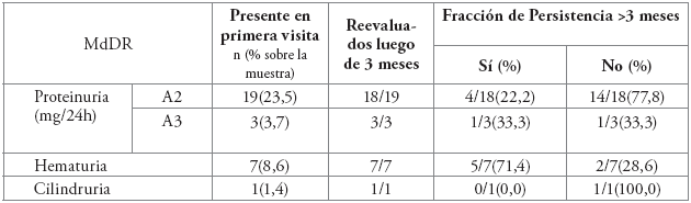 Persistencia de cada uno de los marcadores de daño renal por un período mayor de tres meses (n=24).