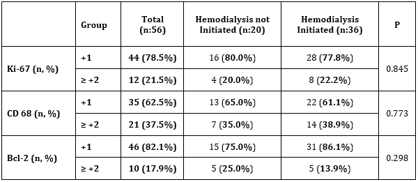 Ki67 CD68 and Bcl2 staining scores between  the two groups
