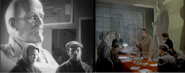 Figura 2: “A la izquierda, el busto de Lenin que se erige en la oficina de los burcratas de Lo viejo y lo nuevo, y por cuyo legado luchan los protagonistas. A la derecha, un representante del partido imita a la figura de Stalin en Cielo Despejado. Al tildar a ese funcionario de estalinista, Chujrai enfatiza el carcter anticuado y cruel de su conducta.”