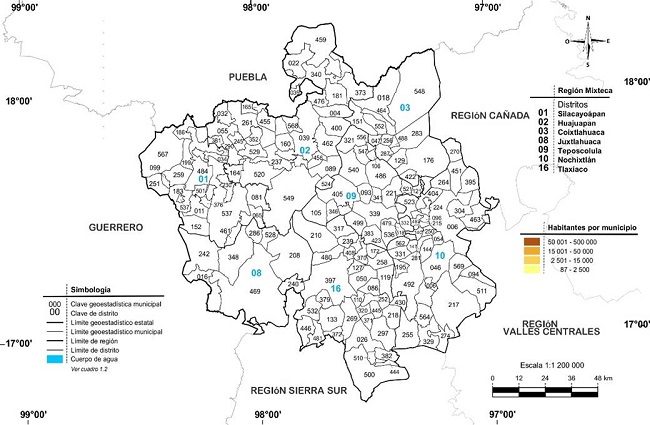 Mixteca Oaxaque&ntilde;a por Distritos y Municipios, basado en INEGI23.