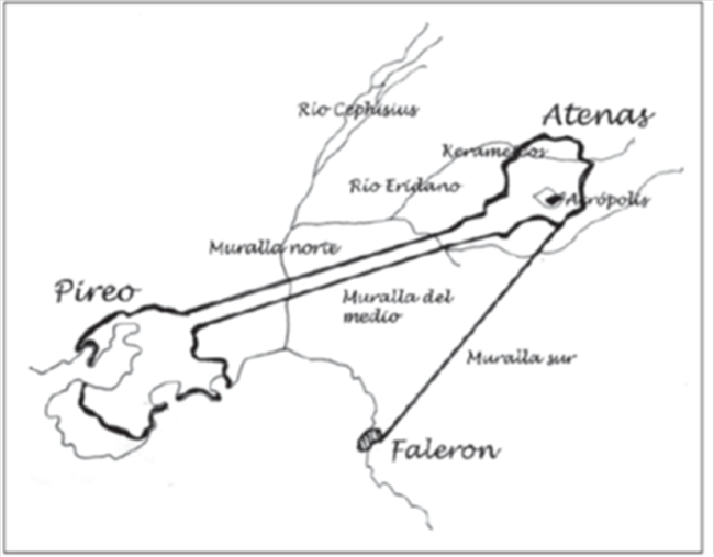 Atenas, el puerto del Pireo y las Murallas Largas de Tem&iacute;stocles.