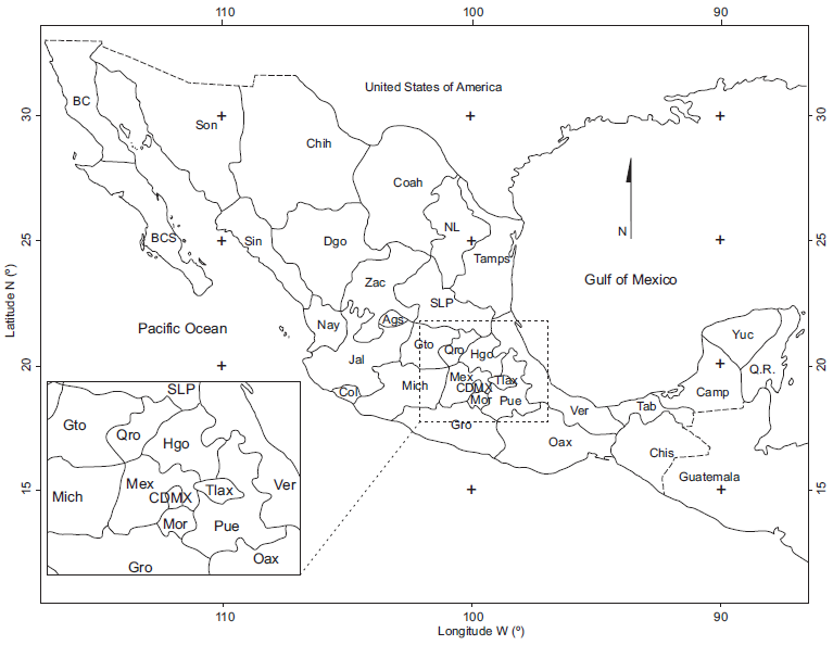 Map of Mexico with its
political division units (31 states and Mexico City).