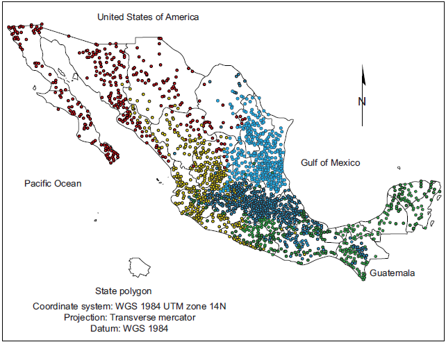The four basic climate patterns based on the
features with highest discriminant capability at the top two levels in the best
tree (from Dataset 2 with 2399 stations). Each point is a climatological
station. Light blue: May rainfall > 26 mm and Jan max temp &le; 26 &deg;C. Dark
green: May rainfall > 26 mm and Jan max temp > 26 &deg;C. Light orange: May
rainfall &le; 26 mm and Jan rainfall > 50mm. Intense red: May rainfall &le; 2 6mm
and Jan rainfall &le; 50 mm.