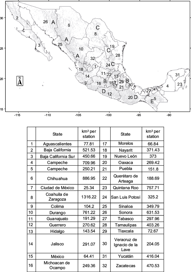Political division, mountain ranges and station coverage (A, Sierra Madre Occidental; B, Eje Neovolc�nico; C, Sierra Madre Oriental; D, Sierra Madre del Sur; E, Sierra de Chiapas).