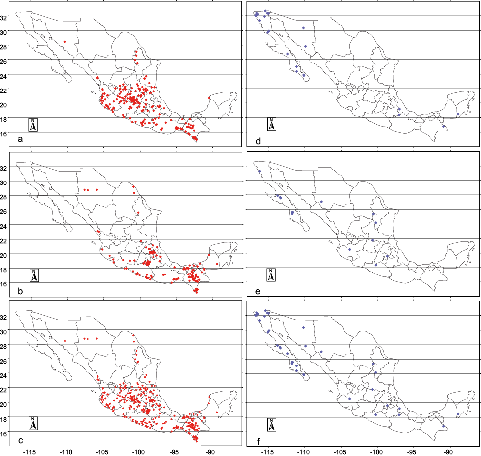 Left column, from top to bottom (a through c), negative correlation maps for the periods 1961-1990, 1991-2013, and 1961-2013.  Similarly for right column (d through f), but for positive correlation for warm season.