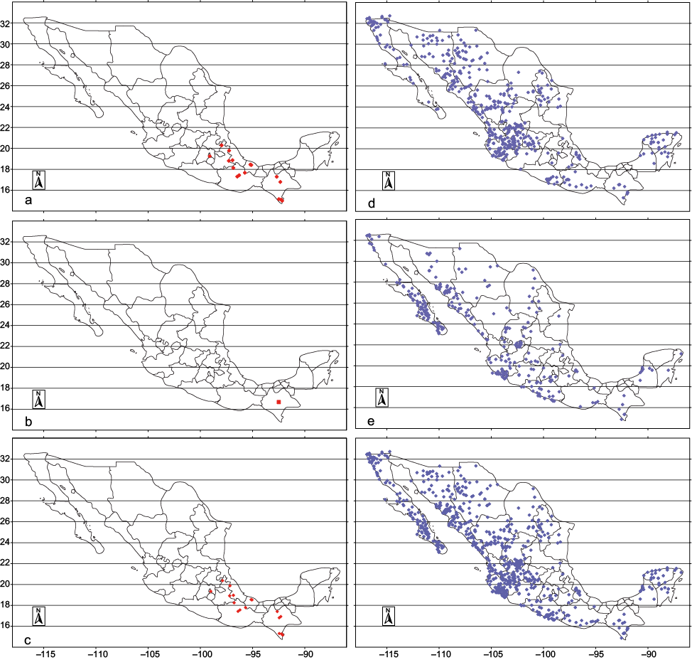 Left column, from top to bottom (a through c), negative correlation maps for 1961-1990, 1991-2013 and 1961-2013 periods. Similarly for right column (d through f), but for positive correlation for cold season.