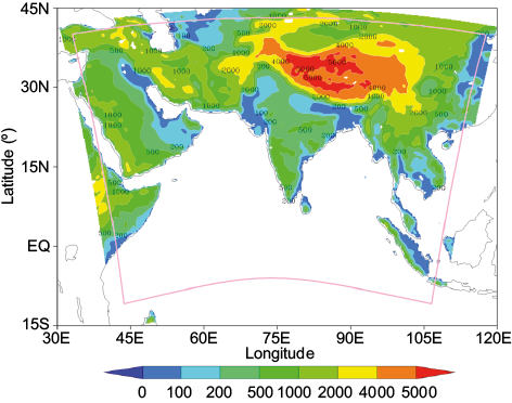 Model domain and topography of the study region (in meters) along with buffer zone of the model
