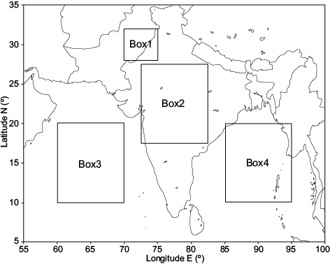 Four grid boxes considered in calculating land ocean temperature gradient.