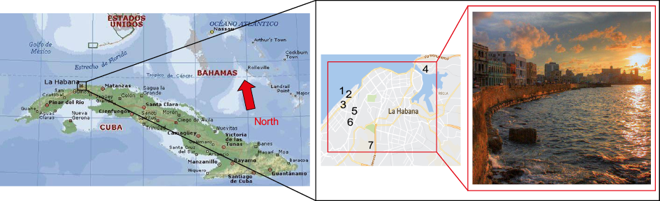 Map of the Cuban archipelago showing the location of Havana City (left); map of Havana City  showing the seven outdoor exposure sites located at different distances from the sea (center); and the area where outdoor exposure site 1 was placed (right).