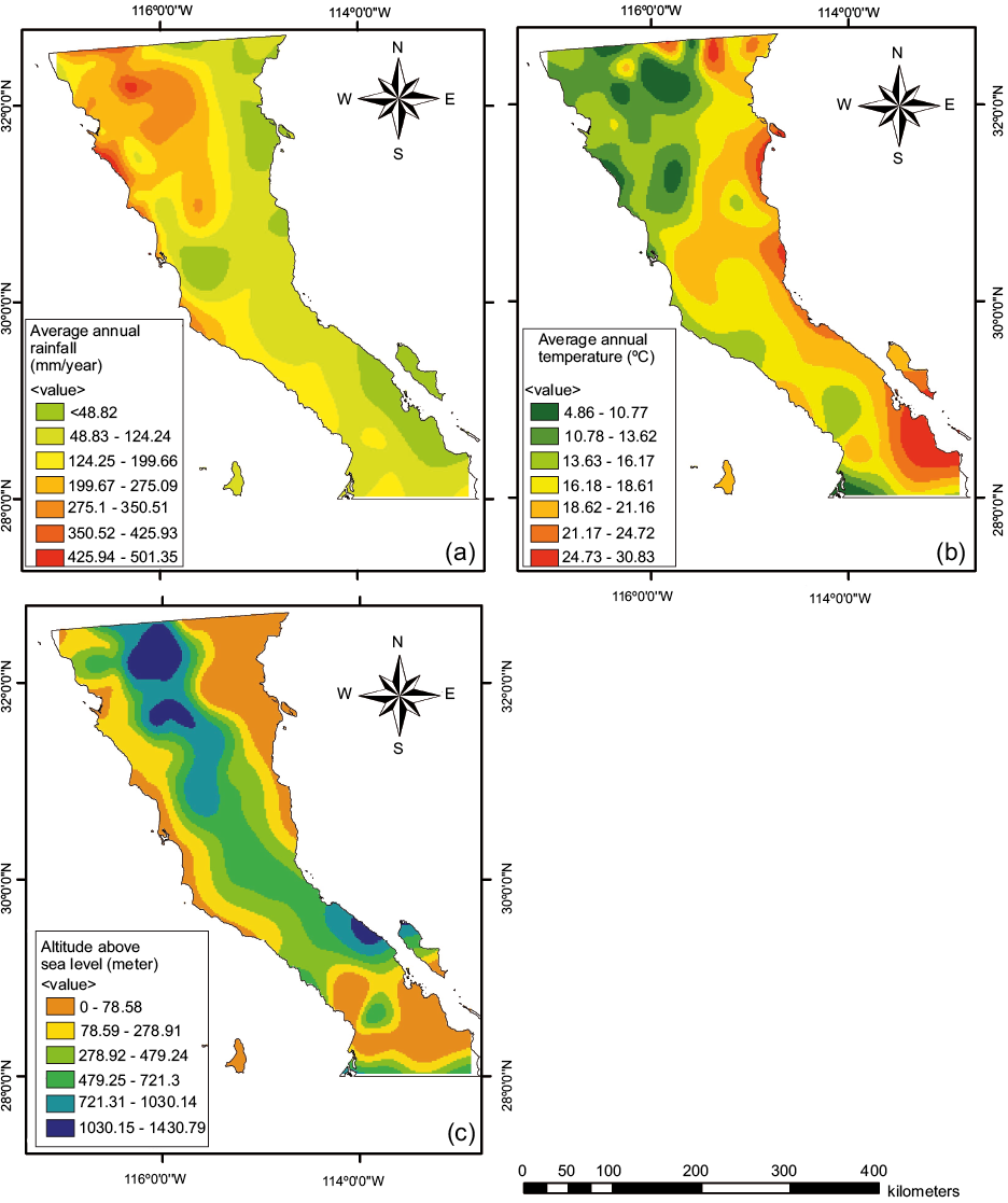 Climatological and physiographic variables in Baja California. (a) Average annual rainfall (mm/yr). (b) Average annual temperature (&ordm;C). (c) Altitude above sea level (m).