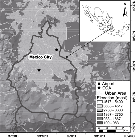 Geographical location of the basin of Mexico, its main orographic features as well as the locations mentioned in the text.