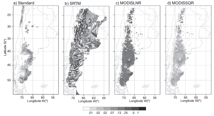 Erodibility maps of Argentina: (a) Standard global database (SStandard); (b) using high resolution SRTM elevation data (SSRTM); (c) using a linear function of surface reflectance from MODIS (SMODIS-LNR), and (d) using a squared function of surface reflectance from MODIS (SMODIS-SQR). 

 