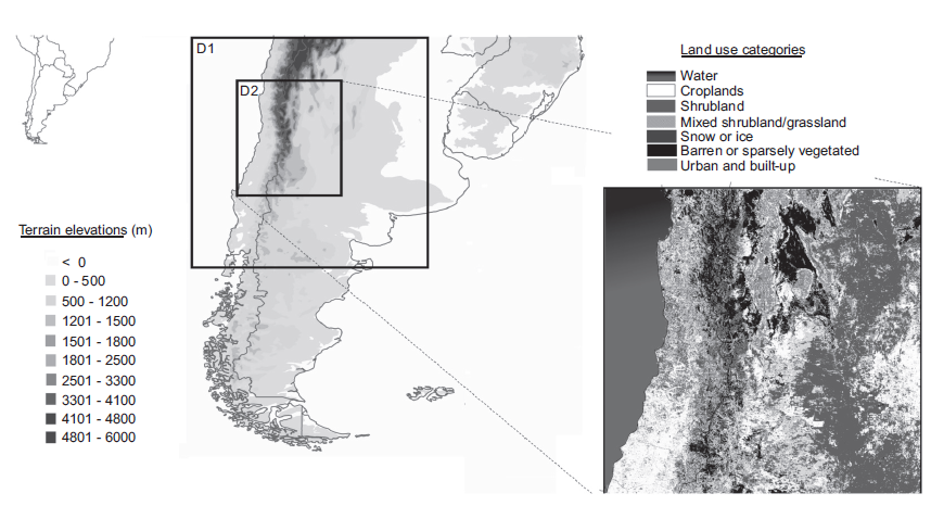 WRF/Chem simulation nested domains on top of a South America terrain elevation map. Mainland use and land cover ca+tegories within the
innermost fine resolution domain are shown on the right.
