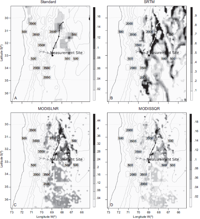 Simulated 3-h
back trajectories computed for May 31 at 03:00 LT (black) and 17:00 LT (grey)
on top of each of the erodibility maps used: (a) SStandard,
(b) SSRTM, (c) SMODIS-LNR
and (d) SMODIS-SQR.
Contour lines indicate terrain height in meters.