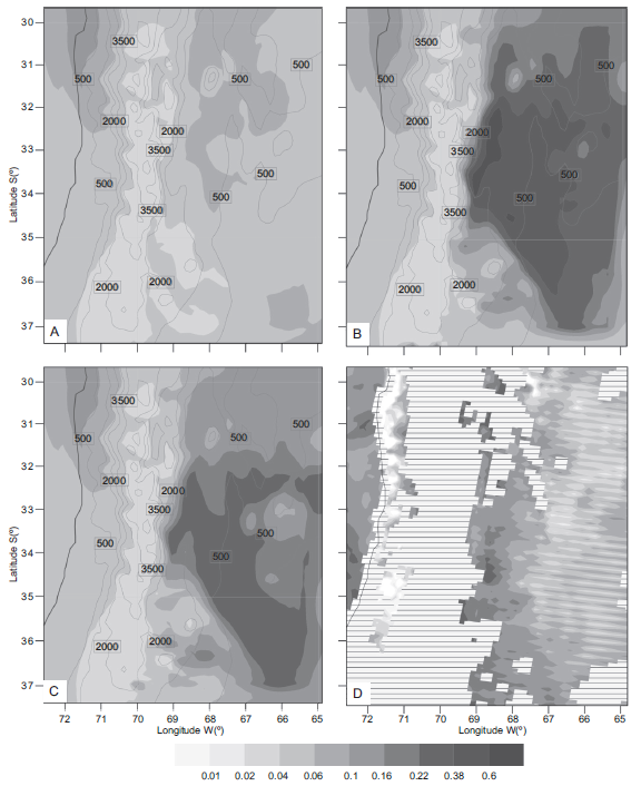 Aerosol optical
depth (AOD) simulated with WRF/Chem for May 30, 2013, considering different
erodibility maps: (a) SStandard,
(b) SSRTM, (c) SMODIS-LNR,
(d) satellite derived AOD from MODIS-Terra.