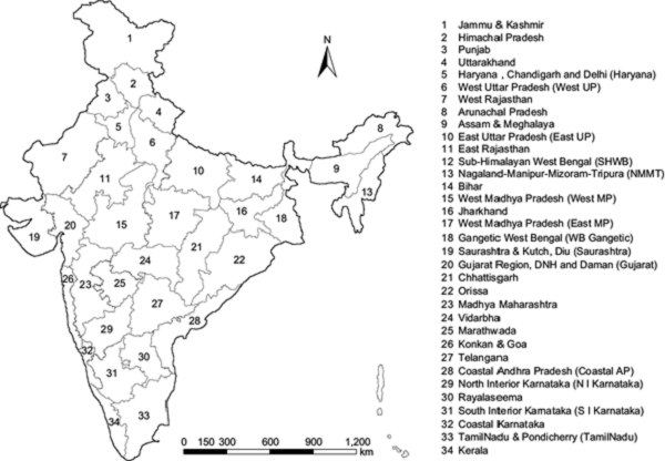 Map of India with meteorological subdivisional
								boundaries.