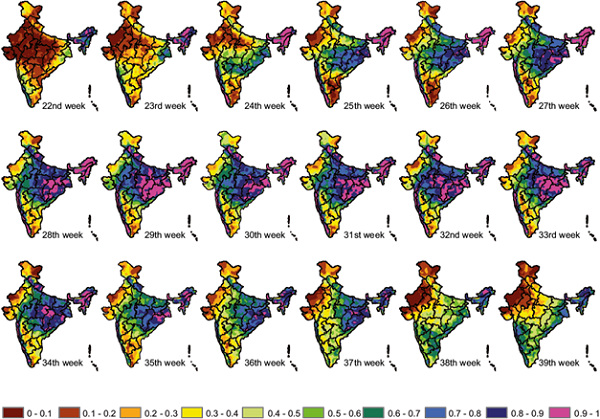 Initial probability of wet spells based on Markov chain model
								(1971-2005) over India.