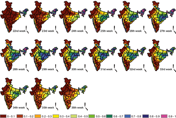 Probability of three consecutive wet weeks starting on a week
								based on the Markov chain Model (1971-2005).