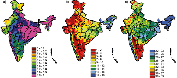 Contour maps showing (a) maximum probability of occurrence of a
								wet week, (b) duration and (c) start week of longest probable
								consecutive wet weeks.
