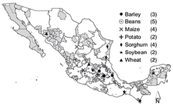 Crop location and 22 case studies. Most vulnerable municipalities
								are highlighted in grey.