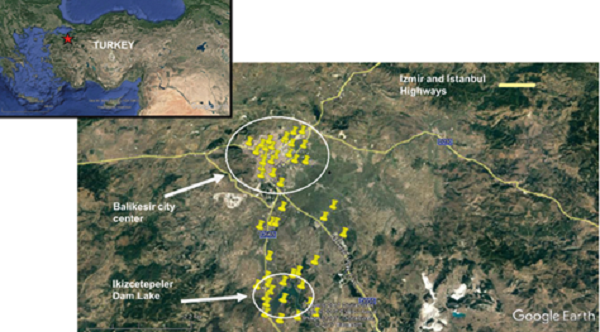 Location of the sampling points (the location of Balikesir is
								highlighted on the upper left corner).