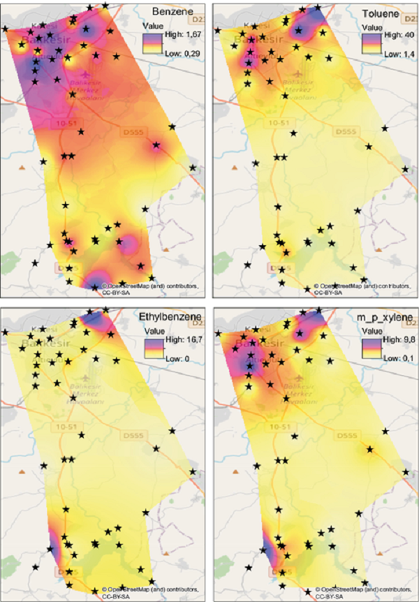 Pollution maps of the benzene, toluene, ethylbenzene and xylene
								(BTEX) group for the summer season (&micro;g m-3 ).
