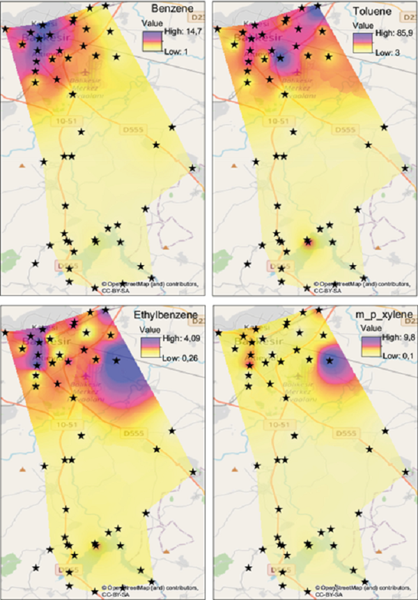 Pollution maps of the BTEX group for the winter season (&micro;g
									m-3)
