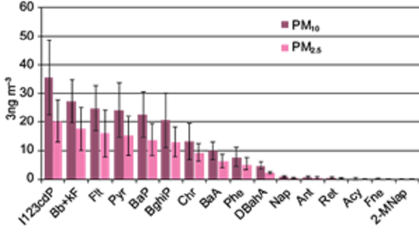 Average PAHs abundance and standard deviations in PM10
								and PM2.5 during normal activity of adobe kilns.