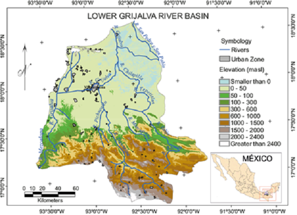 Spatial location, hydrography, urban areas, and topography of the
							lower Grijalva river basin.