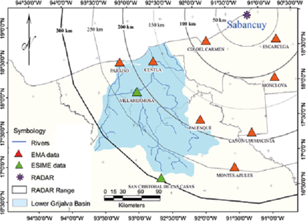 Radar and automatic stations with influence in the lower Grijalva
								river basin.