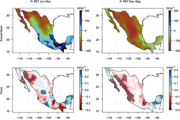 Water balance for the wet (left) and dry (right) seasons
								(precipitation minus potential evapotranspiration), represented as
								mean (top) and linear trend (bottom), over the period 1951-2017.
								Stipple indicates regions where the trend is statistically
								significative (p < 0.05).