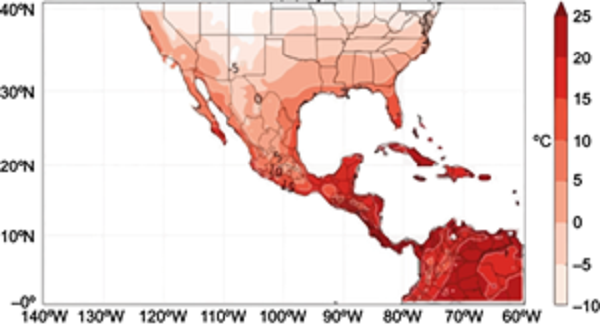 Thresholds of P10 of minimum temperature for winter, obtained
								with the ensemble of the Reliability Ensemble Averaging (REA) for
								1961-2000 (Cavazos et al.,
									2013).