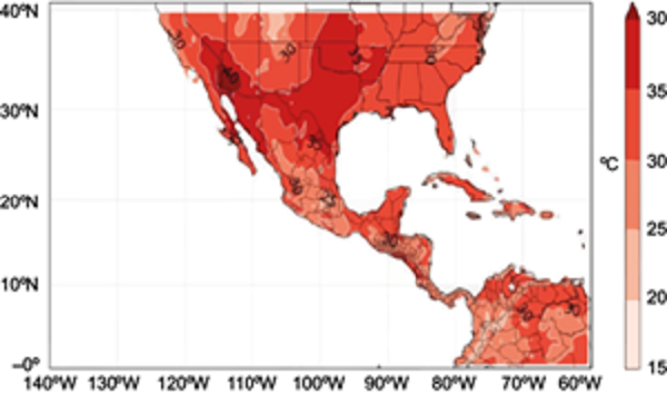 Thresholds of P90 of maximum temperature for summer, obtained
								with the ensemble of the Reliability Ensemble Averaging (REA) for
								1961-2000 (Cavazos et al.,
									2013).