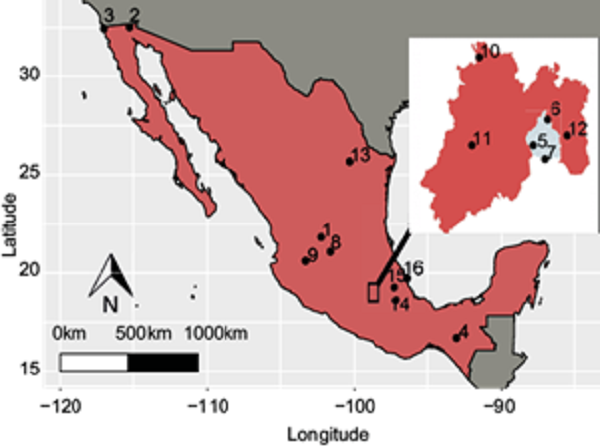 Locations of intra-urban cities or regions according to Table I.