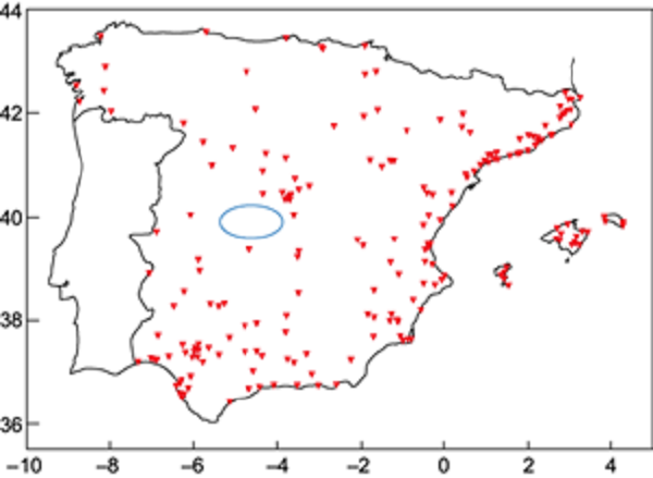 Geographic distribution of tornadoes occurred in the period 1826-1975
(red triangles). The blue ellipse represents the location of the
Talavera de la Reina area (source: Gayà,
2011).