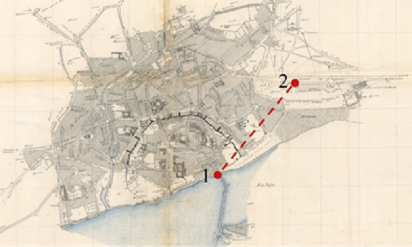 Map of Talavera de la Reina dated in the 1880’s (source: Centro
Nacional de Información Geográfica,
http://centrodedescargas.cnig.es/CentroDescargas/index.jsp#). Dots 1 and
2 represent the locations of the consumption guard of the Tagus river
bridge and the Jardines del Prado, respectively, which are the two known
places mentioned in the original description. Dashed line depicts the
possible trajectory of the tornado.