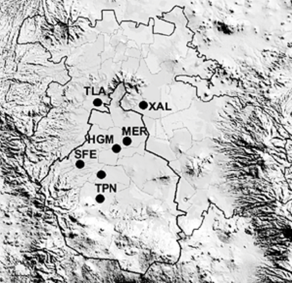 Location of selected surface stations from RAMA in the
								MCMA.