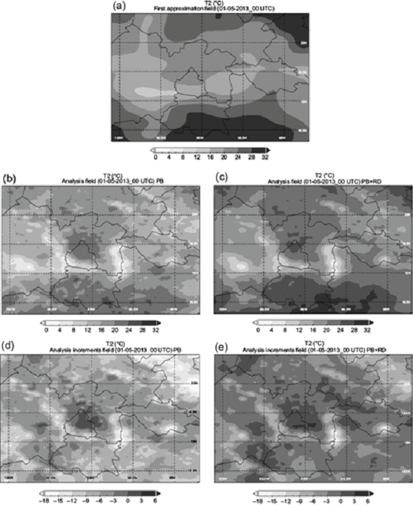 (a) T2 first approximation, (b, c) analysis and (d, e) increments
								fields for PB and PB+RD cases at 00:00 UTC.