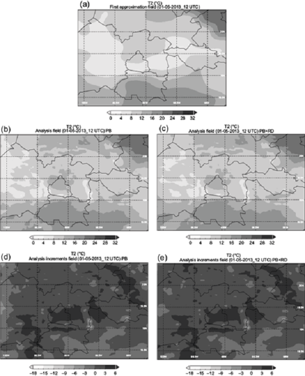 (a) T2 first approximation, (b, c) analysis and (d, e) increments
								fields for PB and PB+RD cases at 12:00 UTC.