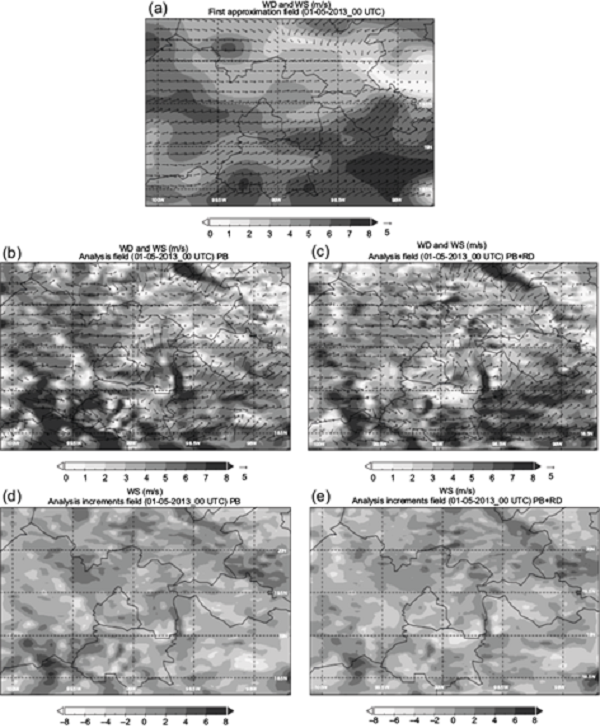 (a) WS first approximation, (b, c) analysis and (d, e) increments
								fields for PB and PB+RD cases at 00:00 UTC.