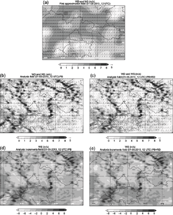 (a) WS first approximation, (b, c) analysis and (d, e) increments
								fields for PB and PB+RD cases at 12:00 UTC.