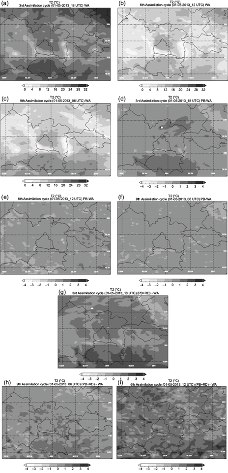 (a-c) Temporal evolution of the T2 spatial distribution, (d-f)
								analysis increments for PB cases, and (g-i) analysis increments for
								PB+RD cases, for the 3rd, 6th and 9th assimilation cycles (starting
								from 00:00 UTC).
