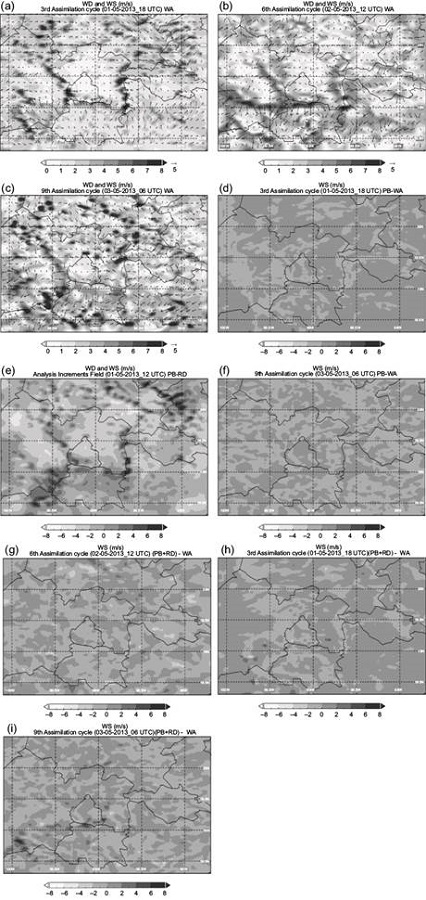 (a-c) Temporal evolution of the WS spatial distribution, (d-f)
								analysis increments for PB cases, and (g-i) analysis increments for
								PB+RD cases, for the 3rd, 6th and 9th assimilation cycles (starting
								from 00:00 UTC).